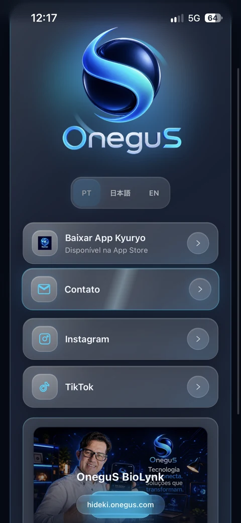 OneguSのBiolynkの実際の画面。ブランド、言語選択、Kyuryoへのリンク、連絡先、SNSを掲載。